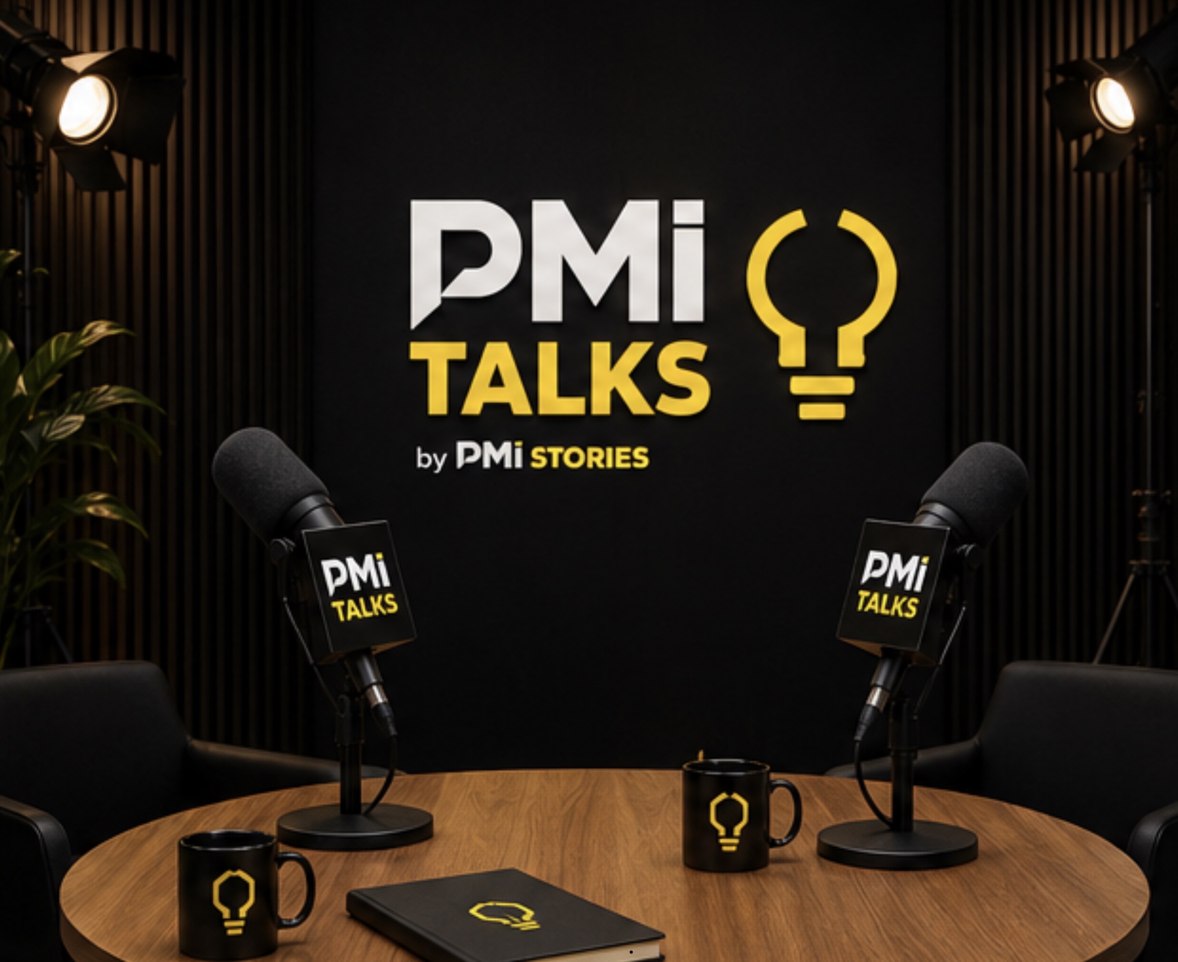 Set PMI Talks con logo, microfoni e tavolo podcast